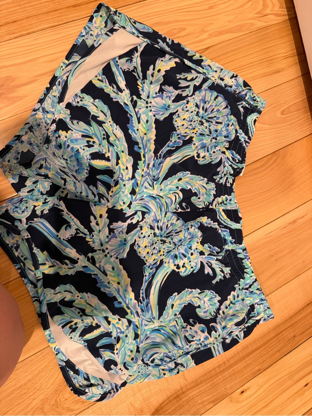 Lilly Pulitzer Navy Floral Athletic Shorts with Aqua & Yellow Print